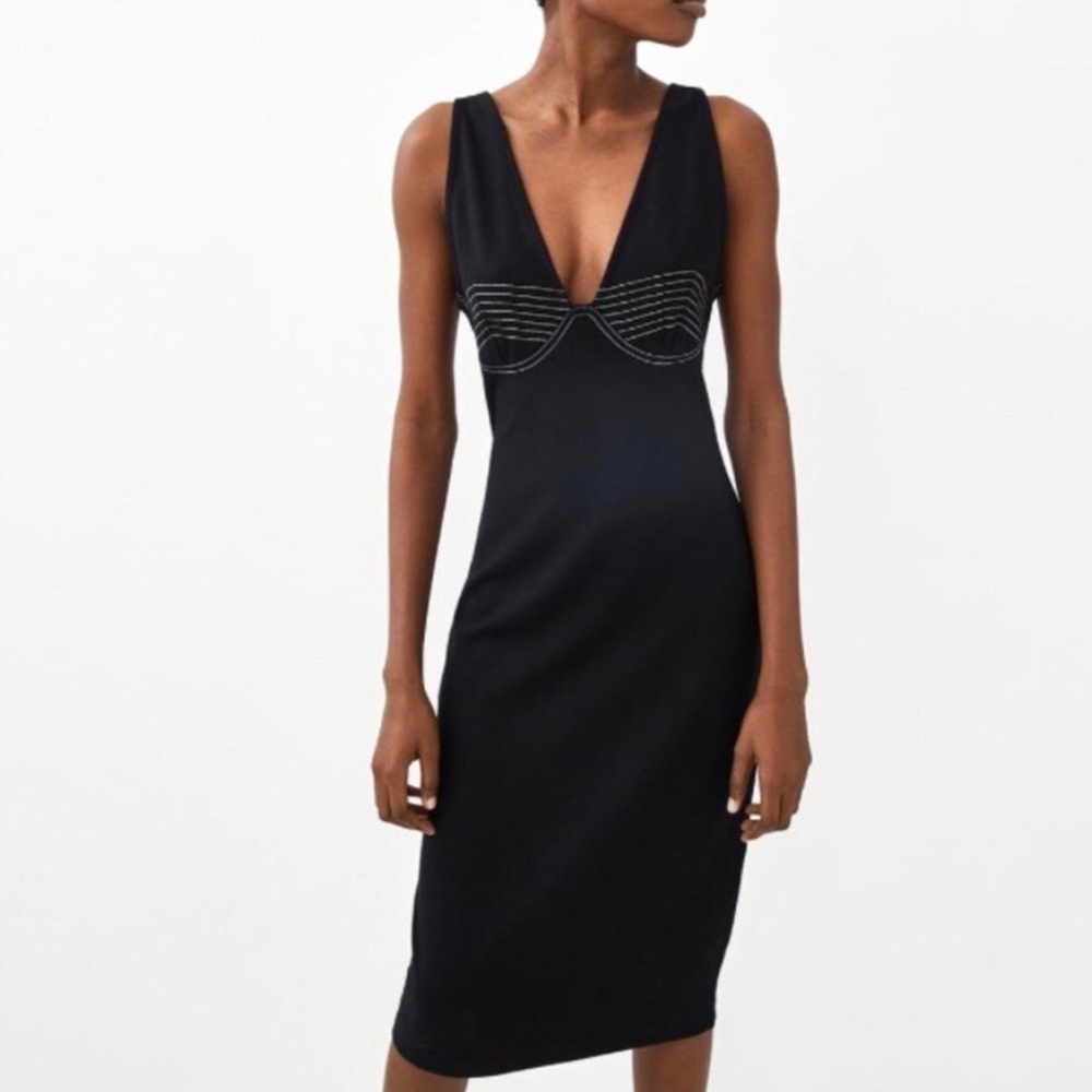 Zara Black Midi Dress with V-Neck
